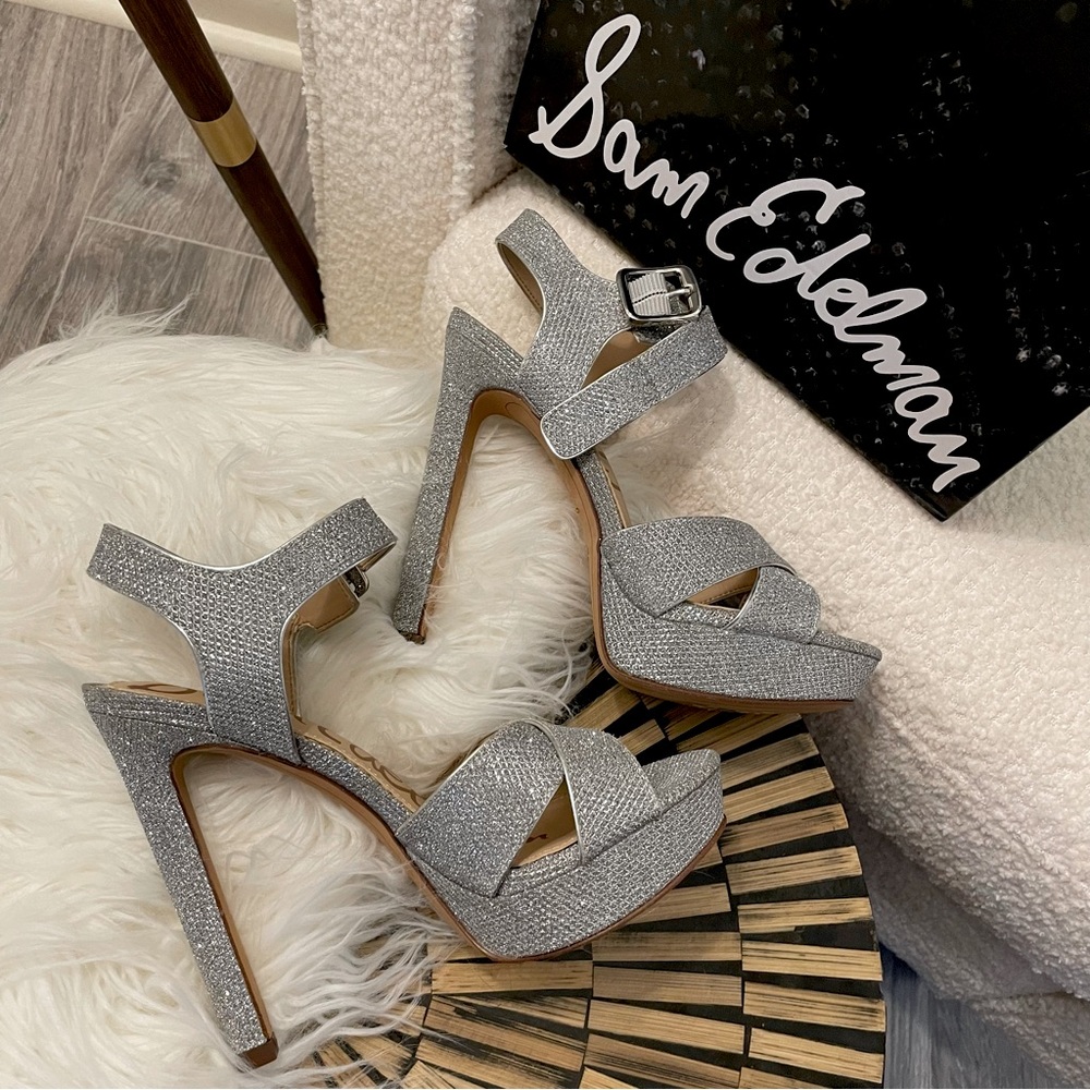 Sam Edelman ⛓️ Woven Shimmer Stiletto Sandal Buckle High Heel Open Toe Pumps